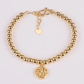 Pulsera de cuentas de acero de titanio dorado con colgante redondo Fu y pequeño corazón - Llega la Fortuna (Carácter Fu)