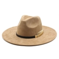 Elegant khaki wide-brim fedora hat with black band and gold leaf metal buckle detail - M (56-59cm) / Suede / Camel
