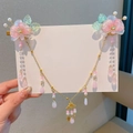 Pink hanfu hair clip set with glass flowers, pearls and golden tassels for girls - Taohuayaoyao Forehead Chain