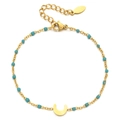 Gold stainless steel bracelet with blue beads and a polished crescent moon pendant - Moon - Light Blue Beads