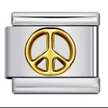 Silver stainless steel Italian charm bracelet link with a golden peace sign charm - Gold Peace Sign-Y585