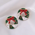 Christmas wreath earrings with red rhinestones and enamel bow on golden metal base - Flower Garland