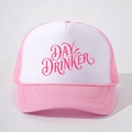 Pink and white mesh trucker hat with Day Drinker print and breathable snapback design - One Size / White & Pink