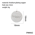 Gros plan d'un pendentif rond de 18mm en cuivre rhodié avec gravure Hope et dimensions - Argent Rond hope (18mm)