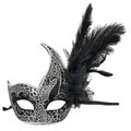 Elegante maschera veneziana nera e argento con piume per carnevale e ballo in maschera - Craké Nero