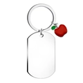 Detail of a polished stainless steel rectangle tag and red apple keychain charm - Apple Charm