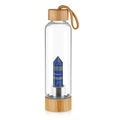Glass water bottle with bamboo lid and base featuring a blue lapis lazuli crystal point - Lapis Lazuli