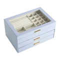 Three-layer light blue PU leather jewelry box with glass top and gold metal handles - Blue and Purple