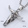 Detail of vintage silver bull skull pendant with size specs and box chain necklace - Steel Color Pendant With Chain