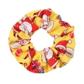 Detailed view of yellow Christmas scrunchie with Santa Claus and gift box patterns - Bright Yellow