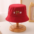 Detail of red kids bucket hat featuring cute bear embroidery and white windproof strap - 54cm(3-10 Years) / Red