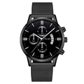 YOLAKO black business quartz watch with stainless steel mesh strap and calendar dial - Black Dial Black Strap Silver Hands