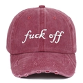Distressed vintage washed red baseball cap with Fuck Off embroidery in street style - Adjustable / Burgundy