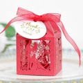 Red laser-cut wedding candy box with Mr & Mrs silhouette and gold thank you tag - Pearlescent Red