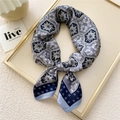 Navy and beige square silk scarf with vintage paisley patterns for women styling - Flower Rope Emblem Blue