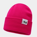 Detailed knit texture of hot pink winter beanie featuring a cute panda patch logo - Rose Red