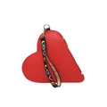 Red heart-shaped PU leather handbag with LOVE printed wrist strap on white background - Red