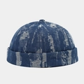 Close-up of dark blue denim docker hat with white distressed details and top button - Dark Blue Distressed Denim Style (Color #10)