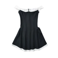 Abito linea A nero e bianco con spalle scoperte, bordo a contrasto e gonna a pieghe - XS / Nero