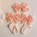 Détail de chaussettes bébé en coton rose et bandeau en dentelle pour nouveau-nés - Ensemble Nœud en Dentelle (Rose)