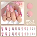 Matte almond press-on nails with blue and purple French tips and white floral patterns - Glue Type / Matte Colorful French Flower Style (W563)