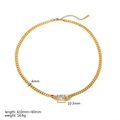 Detailed view of golden necklace with rectangular clear gemstone and size measurements - White Zirconia Snake Chain Necklace (TN3280-WT)