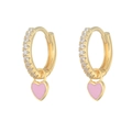 Macro detail of gold-plated S925 silver heart earrings with pink enamel and white zircon - Gold - Pink (ES0013-JS-FS3)