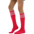 Knee-high rose red sports socks with three white stripes in a college style - One Size / Peach Red with White Stripes