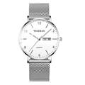 Flache Herren-Quarzuhr in Silber mit Milanaise-Armband sowie Tag- und Datumsanzeige - Silbernes Mesh-Armband Weißes Zifferblatt