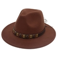Detail of dark brown fedora with leather band, metal accents and shell decorations - Coffee