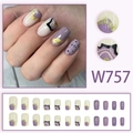 Lavendel glitter plaknagels met crèmewitte en gouden golfpatronen, set model W757 - Taro Paarse Glitter Marmer Stijl (W757)
