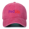 Detailed macro view of retro washed pink cotton twill baseball cap with FedUp embroidery - Rose Red