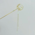 Golden Chinese hairpin with cute rabbit charm and soft teal bead tassel detail - F0621 Rabbit Fan