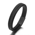 Handcrafted matte gold stainless steel braided bracelet with magnetic buckle for men - Black Leather Black Buckle