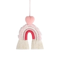 Close-up of pink macrame rainbow car charm with heart pompom and cream fringe tassels - Pink Rainbow (Heart)