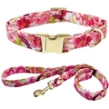 Pink floral print dog collar and leash set with durable golden metal buckles - Leash + Collar Set / Size S(25-40cm) / Rose Red Floral