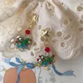 Handmade beaded Christmas tree earrings with crystal studs and gold star accents - Small Christmas Tree-Triangle Clip / Clip-On Earrings