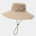 Detail of khaki wide-brim sun hat with ventilation holes and adjustable chin strap - One Size / Khaki