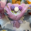 Handmade crochet tulip bouquet ornament with purple and white knitted flowers for gifts - Fat Tulips In Purple