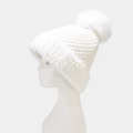 Winter white knit beanie with faux fur trim and large fluffy pom-pom for women - Single Pom Pom / White