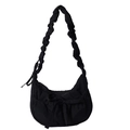 Minimalist black ruched shoulder bag with scrunchie strap and bow drawstring detail - Black