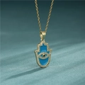 Hamsa Hand Halskette mit 18K Gold, blauem Emaille und bösem Blick Zirkon Anhänger - Gold & Blau