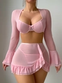 Completo lingerie rosa in 3 pezzi con cardigan in rete e minigonna con volant sexy - S / Rosa
