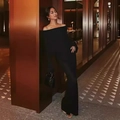 Elegant black off-shoulder long sleeve maxi dress with bodycon fit for women - XS / Black