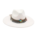 Cappello fedora bianco a tesa larga con perline etniche e fascia decorativa turchese - Taglia unica / Bianco