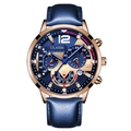 Detail of men's chronograph watch featuring rose gold case and blue leather strap - Blue Strap Rose Gold Case Single Watch