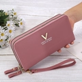Women's pink long double zipper wallet in lychee leather with wrist strap and V-gold hardware - Pink