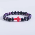 Handmade beaded bracelet featuring purple and pink stone beads with a pink cross pendant - Purple Pink Cross Bracelet
