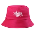 Close-up of rose red cotton bucket hat with white Gothic embroidery and stitched brim - One Size / Rose Red