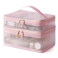 Pink double-layer mesh travel makeup bag with handle and dual zippers for storage - Pink Mesh (Double Layer)